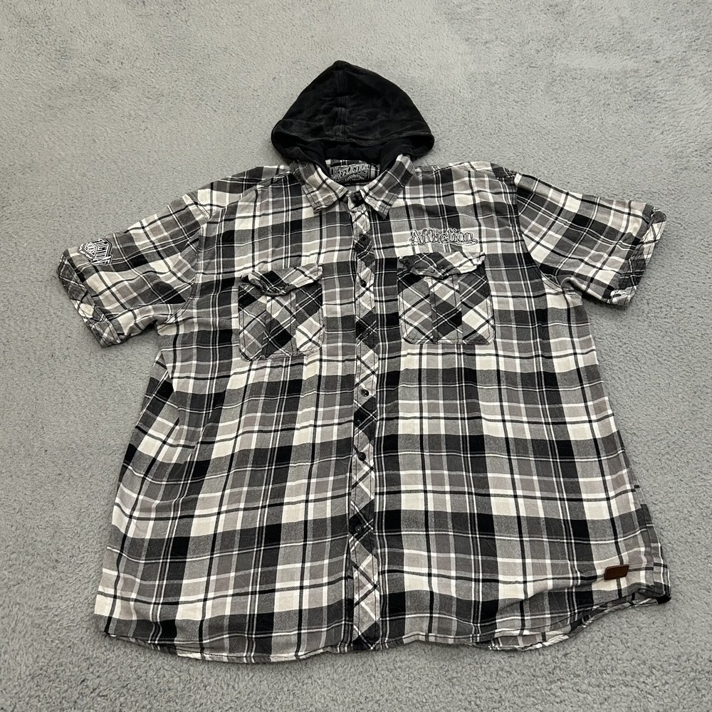 Affliction Shirt Mens 3XL XXXL Black White Plaid Pearl Snap Short Sleeve Hooded